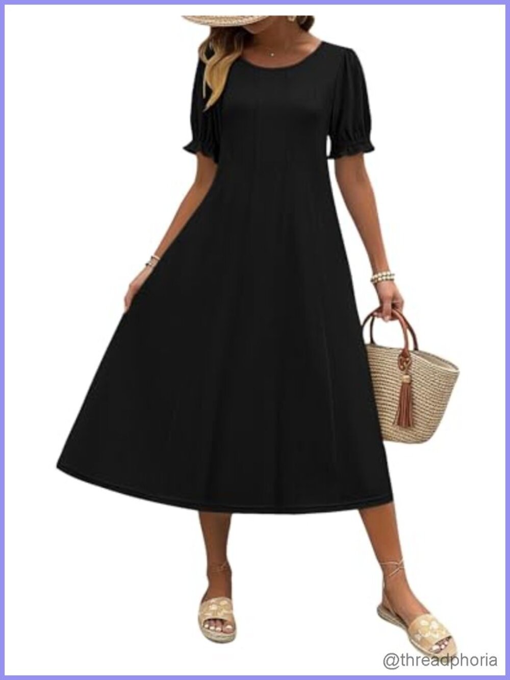 Casual Midi Dress with Pockets Puff Sleeves Flowy Pleated Sundress